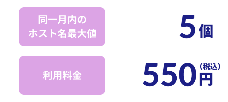 同一月内のホスト名最大値：5個、利用料金：550円（税込）